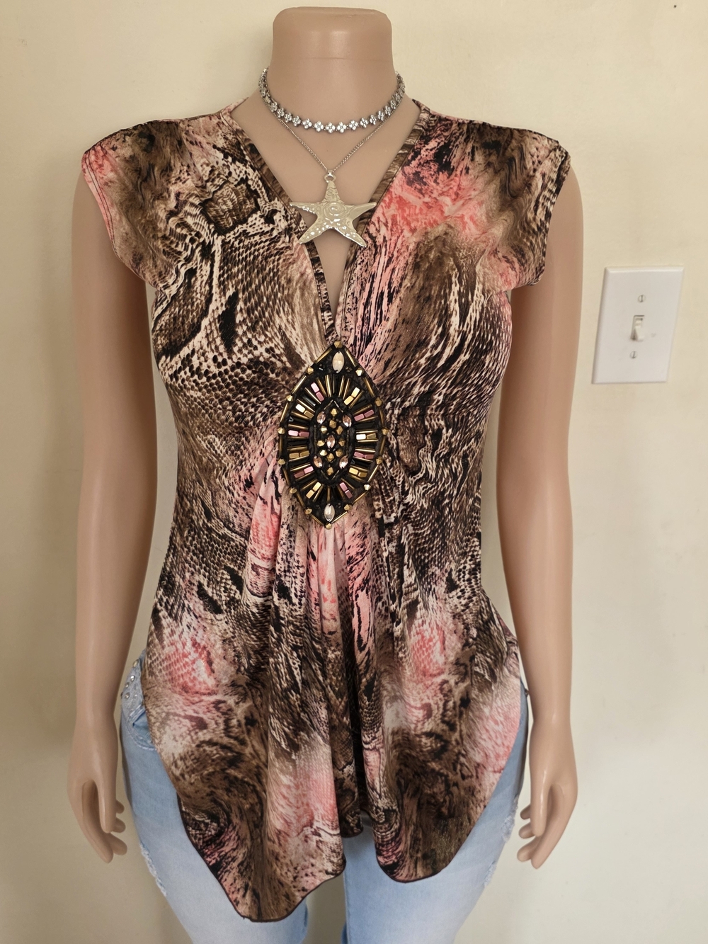 VENUS Pink and Brown Snakeskin-Print Cap Sleeve Top with Embellished Medallion